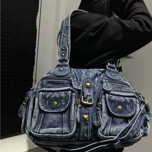 Trendy Denim Shoulder Bag with Gold Accents